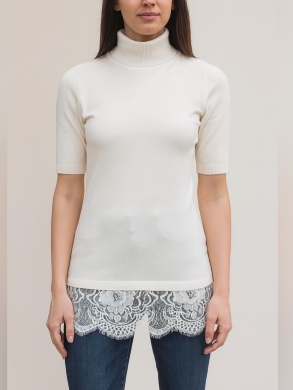 White sweater lace half sleeve turtleneck top tunic top